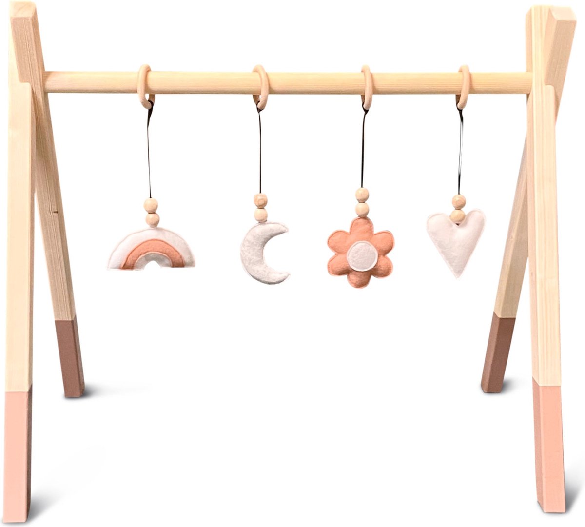 Houten babygym Terra roze, met bloem en regenboog hangers , Tipi vorm massief hout | toddie.nl